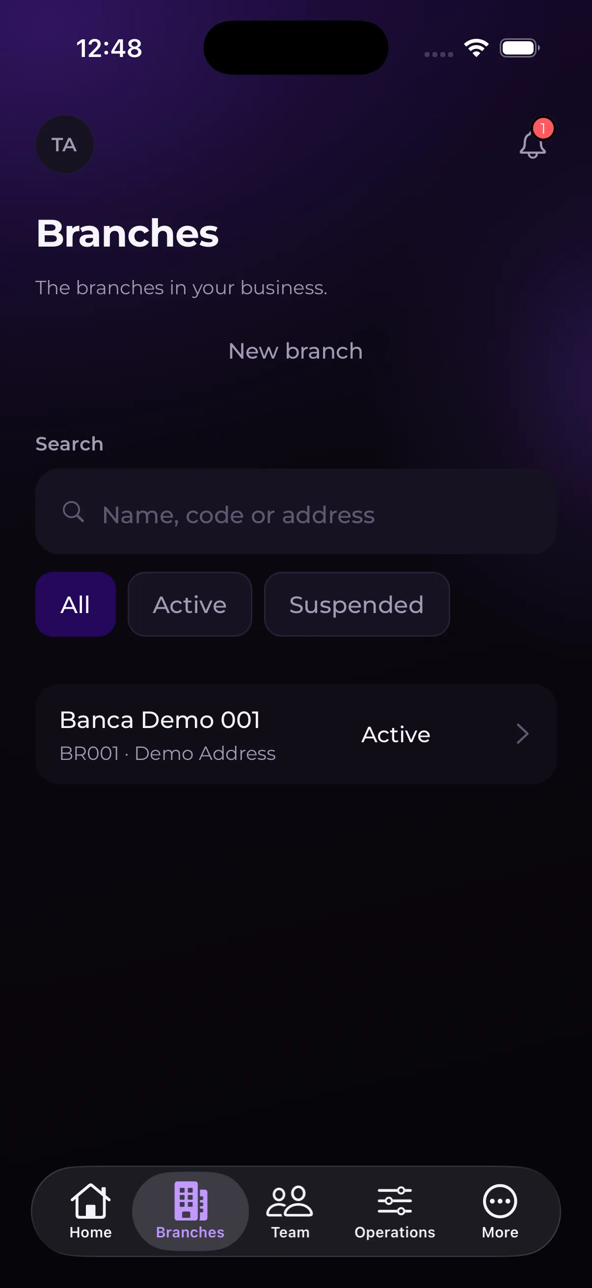Trébol app, Branches screen: search and a list of branches with their status.