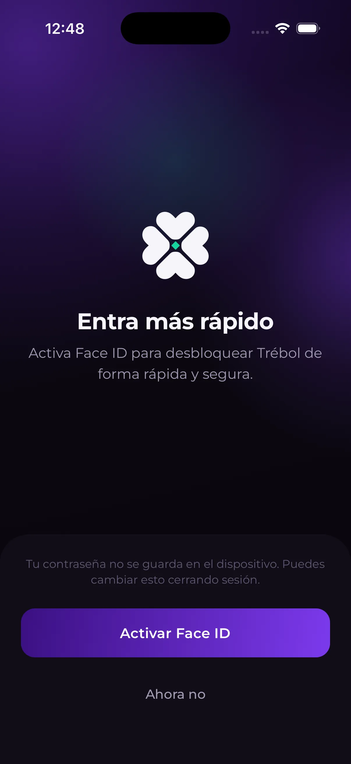 Trébol offering Face ID for a faster sign-in.