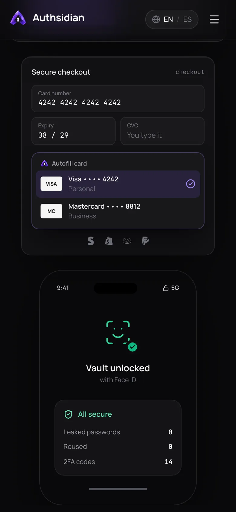 authsidian.com: card autofill on a secure checkout.