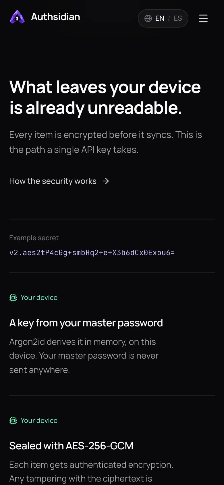 authsidian.com explaining how each secret is encrypted before it syncs.
