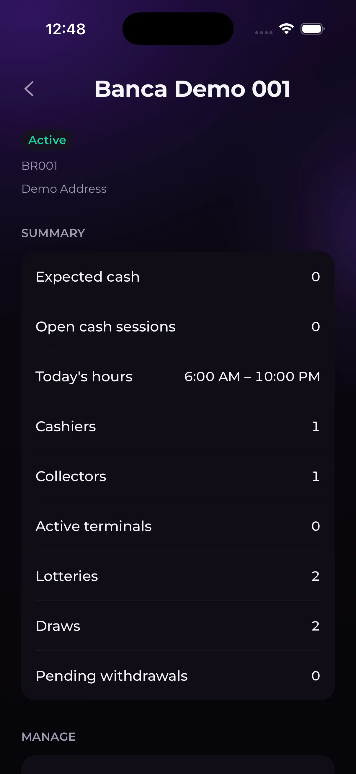 A branch summary in Trébol: expected cash, cashiers, terminals and draws.