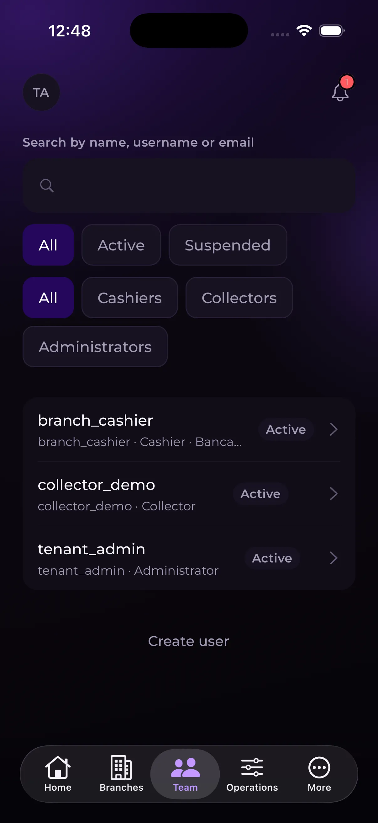 Team screen in Trébol: users filtered by role, cashiers, collectors and administrators.
